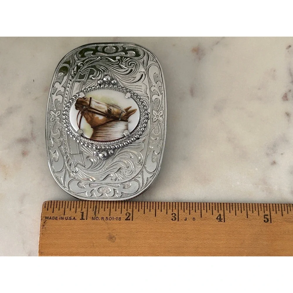 Vintage Western Horse Belt Buckle Silver Tone Engraved Floral Equestrian Oval